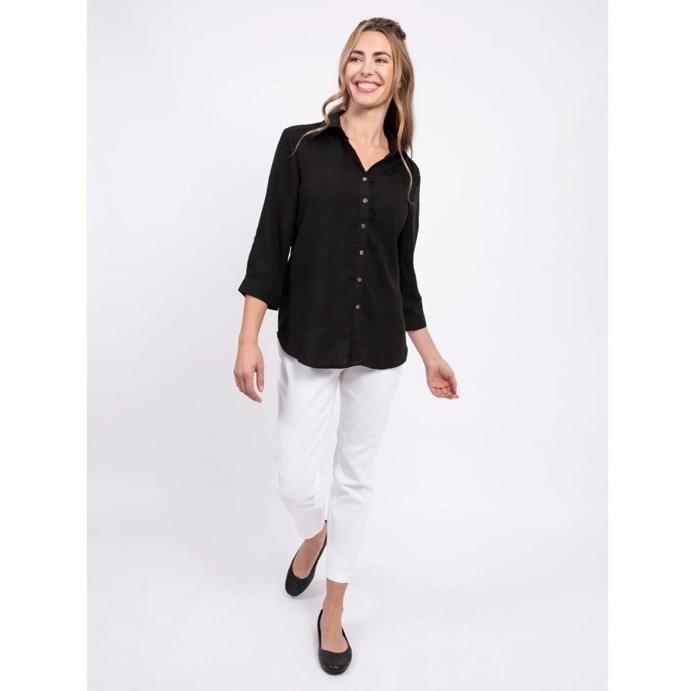 Fridaze Linen Redefined Black Short Tuxedo Linen Shirt Button Down S AA161